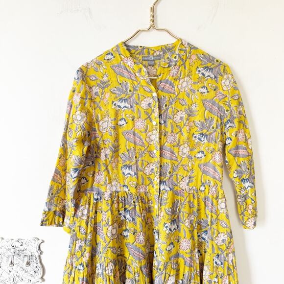 Shade Amour Yellow and Pink Block Print Floral Tiered Button Front Dress S - Picture 2 of 6